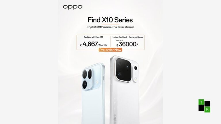 OPPO Find X10 Pro Max in Titanium Grey and Find X10 in Glacier Blue resting on an architectural surface showing high-end camera islands.