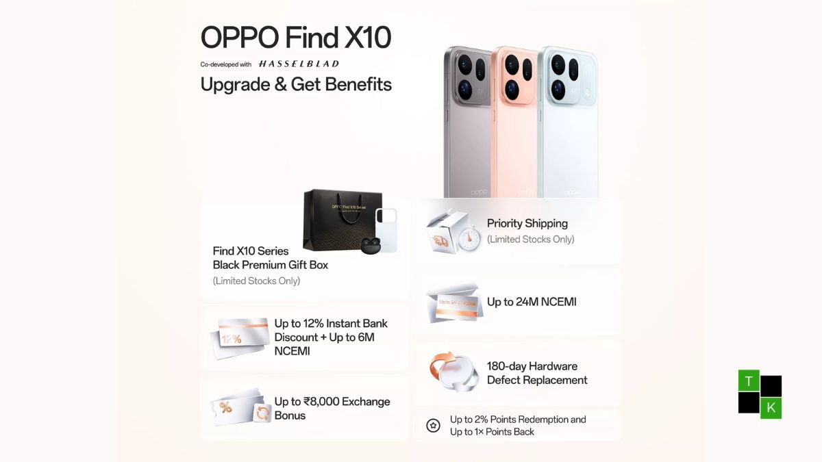 OPPO Find X10 smartphone in Glacier Blue finish displaying its 6.59-inch 144Hz AMOLED screen and circular dual 200MP camera island.
