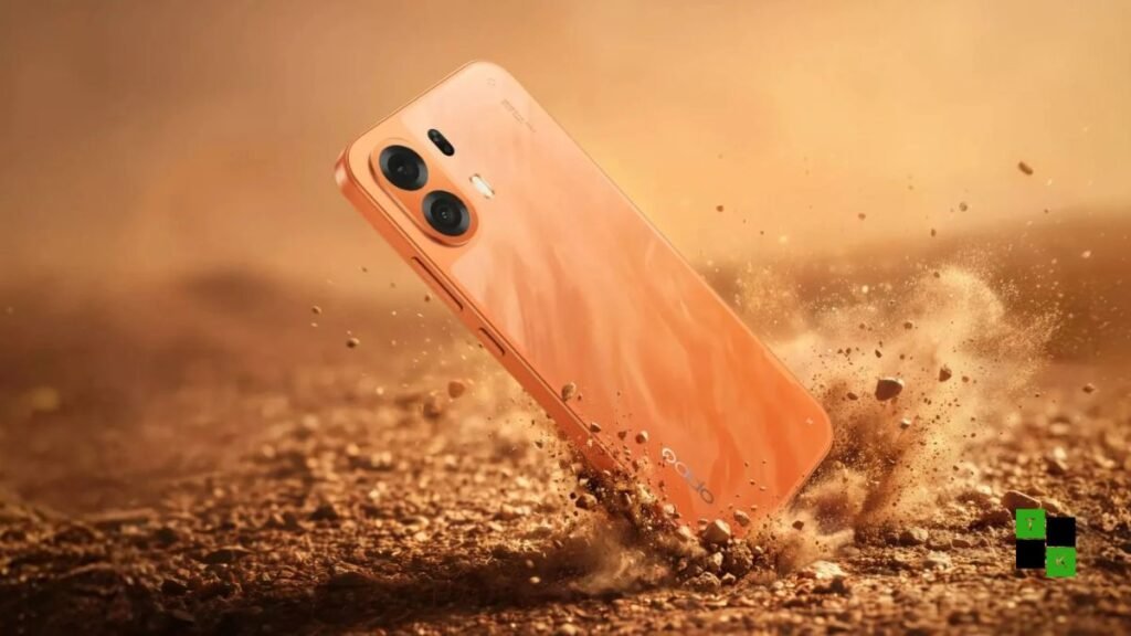 The Oppo K14 Plus 5G smartphone in Solar Orange and Star White displayed on a modern podium showing its 1.5K 144Hz AMOLED screen and 8,000mAh battery badge.