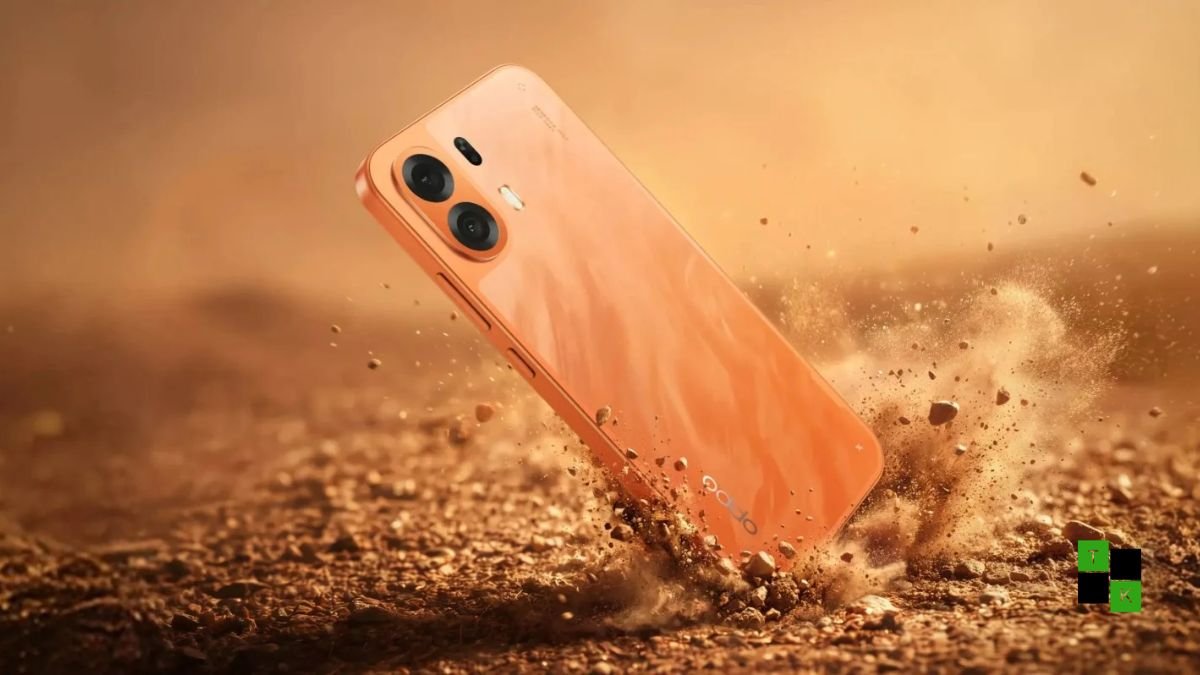 The Oppo K14 Plus 5G smartphone in Solar Orange and Star White displayed on a modern podium showing its 1.5K 144Hz AMOLED screen and 8,000mAh battery badge.