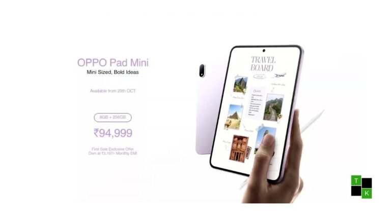 OPPO Pad Mini compact tablet in Dreamy Lavender finish showing its 8.8-inch 2.5K matte OLED display beside the OPPO Pencil 3 Pro stylus.