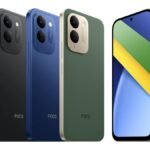 The Poco C95 Pro smartphone in Forest Green and Ocean Blue shown on a table highlighting its 6.9-inch 120Hz display and dual 50MP camera setup.