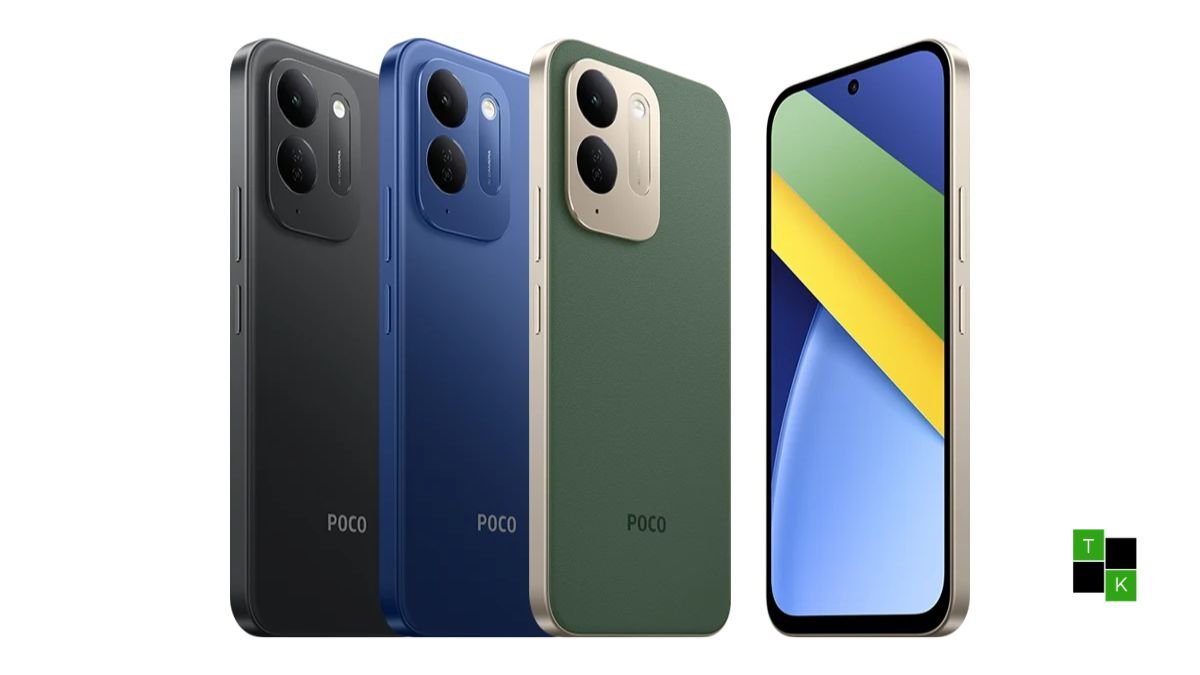 The Poco C95 Pro smartphone in Forest Green and Ocean Blue shown on a table highlighting its 6.9-inch 120Hz display and dual 50MP camera setup.