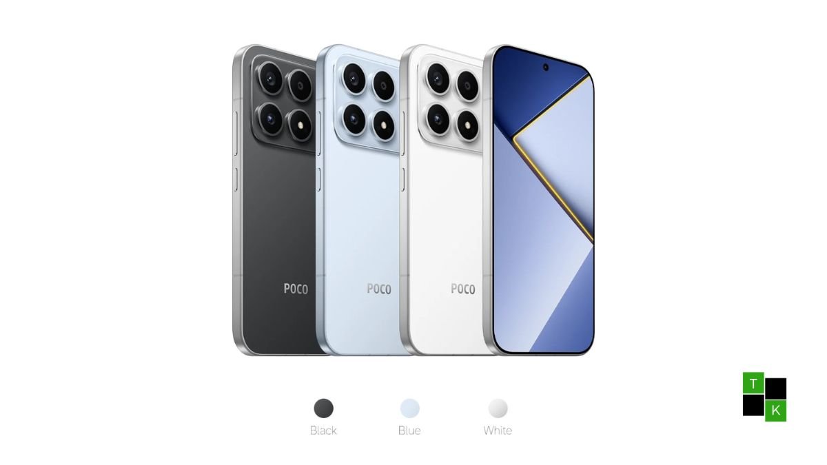 POCO X8s smartphone in Frost Blue finish showing flat 6.35-inch 1.5K AMOLED screen and rear 50MP camera module with 100W charging badge.