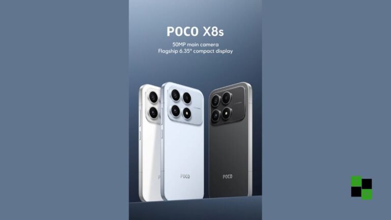 POCO X8s smartphone in matte black finish showing its compact flat aluminum frame and dual rear camera module.