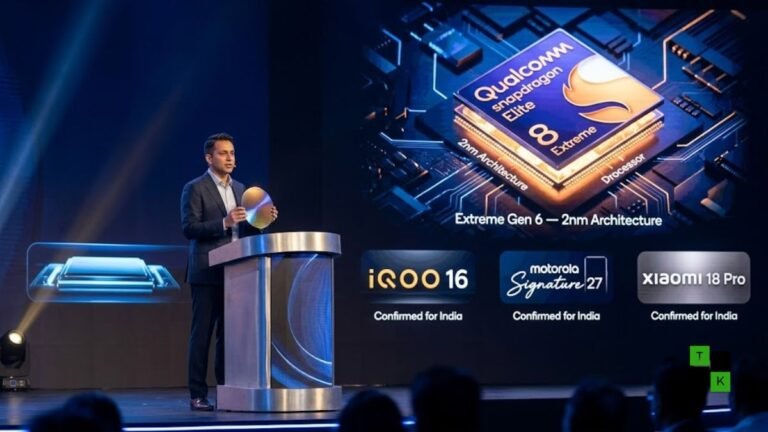 Qualcomm executive presenting the Snapdragon 8 Elite Extreme Gen 6 2nm chip wafer on stage at India Mobile Congress 2026 with iQOO 16 and Xiaomi 18 Pro logos.