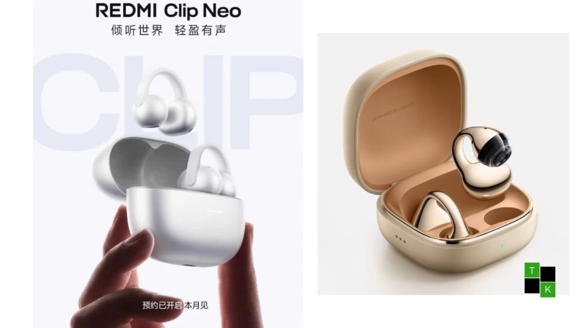 Official teaser of the Redmi Clip Neo open-ear clip-on earphones resting inside its pebble-shaped white charging case.