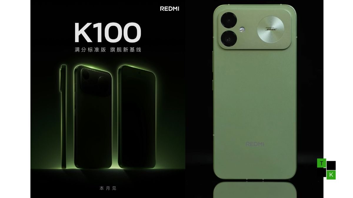 Official render of the Redmi K100 lineup showcasing the rear squircle camera module and four color finishes.