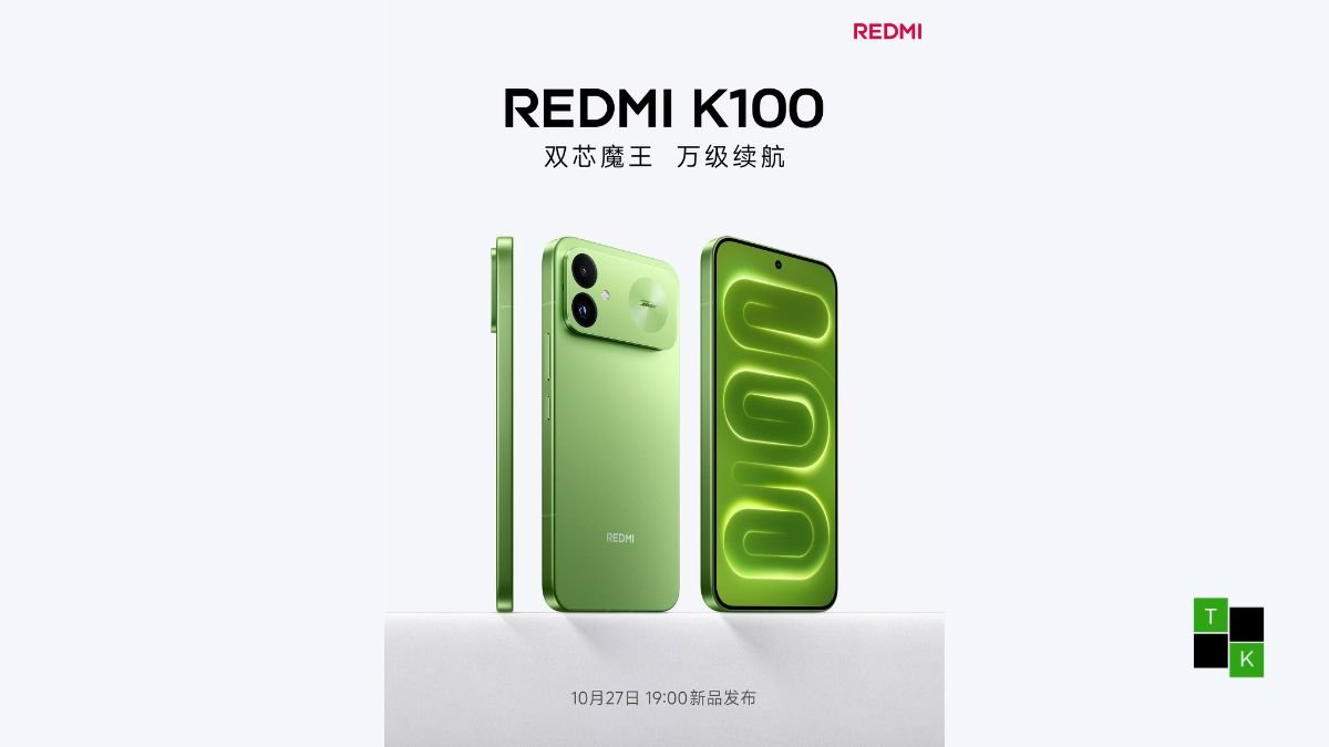 Official launch poster of the Redmi K100 in Light Green finish highlighting Sound by Bose branding and dual camera module.