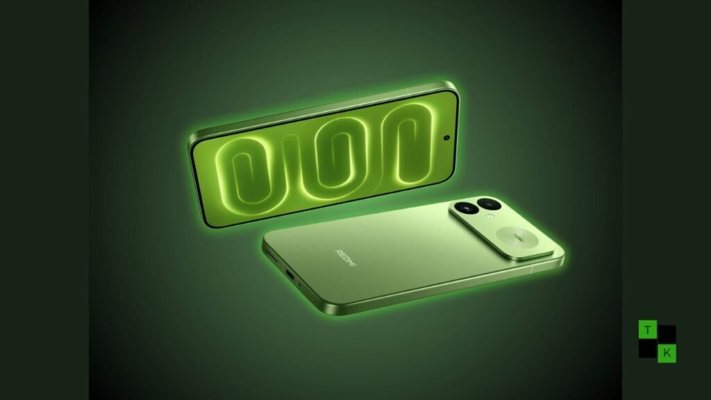 Redmi K100 smartphone in Firefly Green finish showing flat 6.83-inch 165Hz AMOLED display and rear dual-camera module with Bose audio engraving.