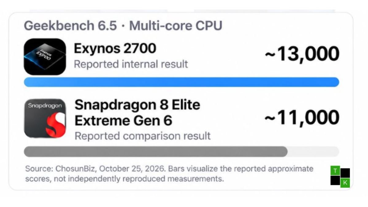Infographic card comparing Samsung Exynos 2700 scoring 13,000 on Geekbench 6.5 against Snapdragon 8 Elite Extreme Gen 6 scoring 11,000.