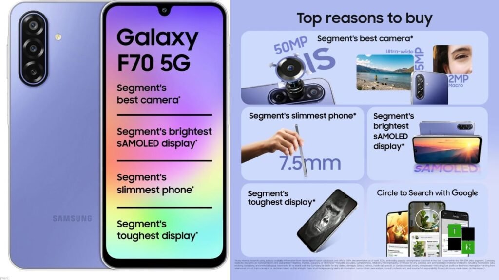 Samsung Galaxy F70 5G smartphone in Lavender finish showing its rear pill-shaped triple camera island and 50MP OIS optics.