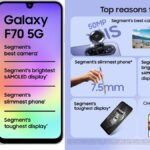 Samsung Galaxy F70 5G smartphone in Lavender finish showing its rear pill-shaped triple camera island and 50MP OIS optics.