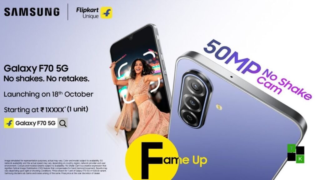 Samsung Galaxy F70 5G in Vivid Violet and Bold Black showing its 7.5mm ultra-slim body, 50MP OIS camera, and 6.7-inch 120Hz Super AMOLED screen.