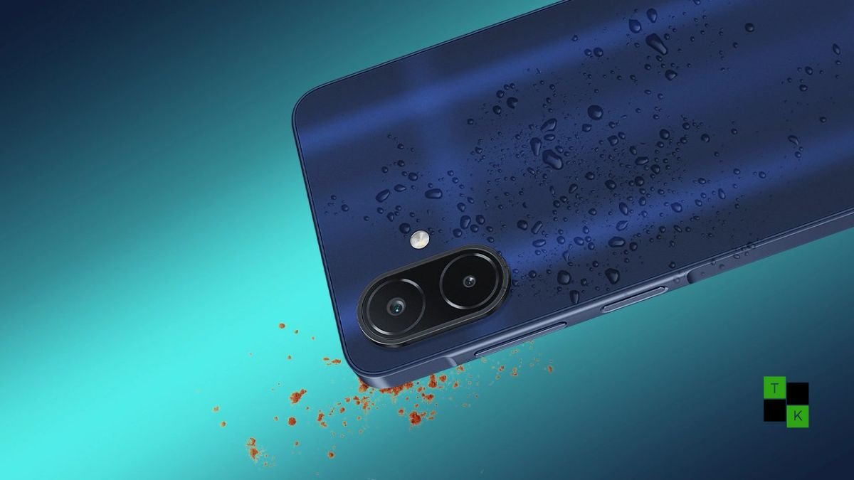 Samsung Galaxy M08 in Silver and Galaxy F08 in Dark Blue displayed side by side showcasing their dual camera setup and 6,000mAh battery badge.