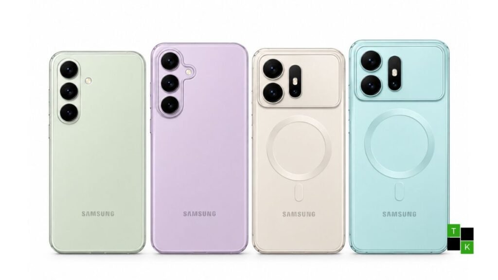 Leaked case covers for Samsung Galaxy S27 showing vertical pill cutout beside Galaxy S27 Ultra with a wide horizontal camera visor.