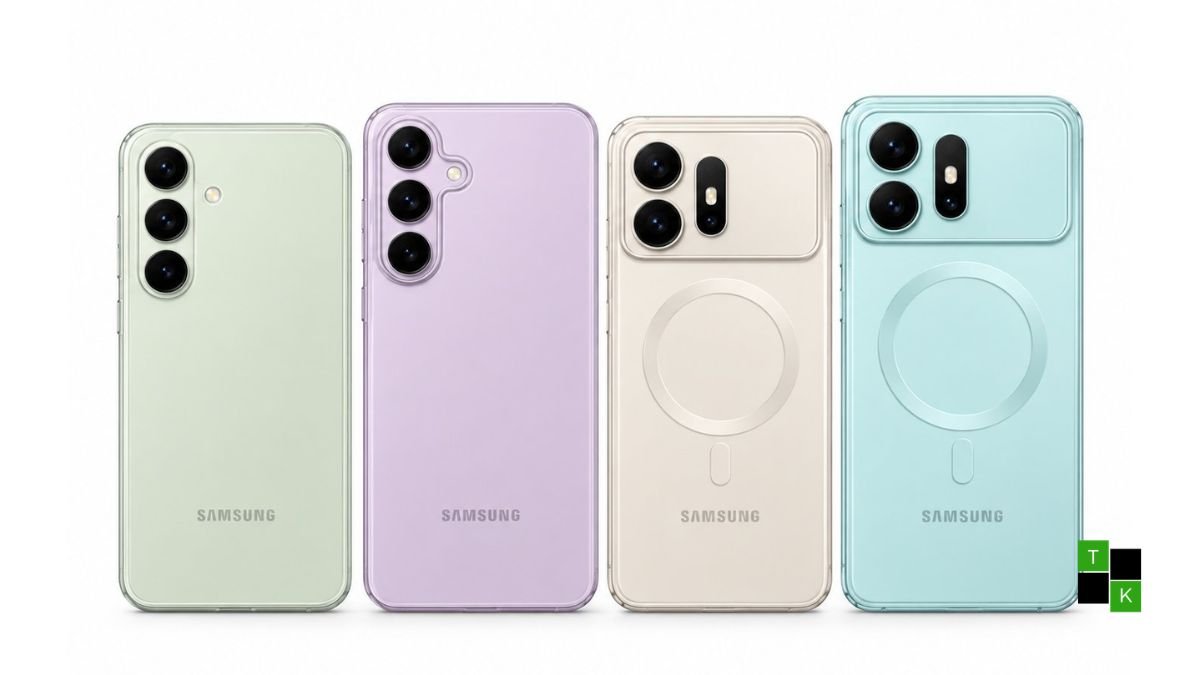Leaked case covers for Samsung Galaxy S27 showing vertical pill cutout beside Galaxy S27 Ultra with a wide horizontal camera visor.