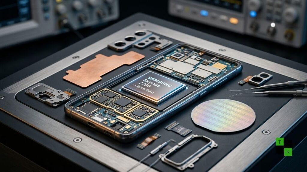 Samsung Galaxy S27 Ultra chassis next to a glowing 2nm Samsung Exynos 2700 processor die on an engineering test bench.