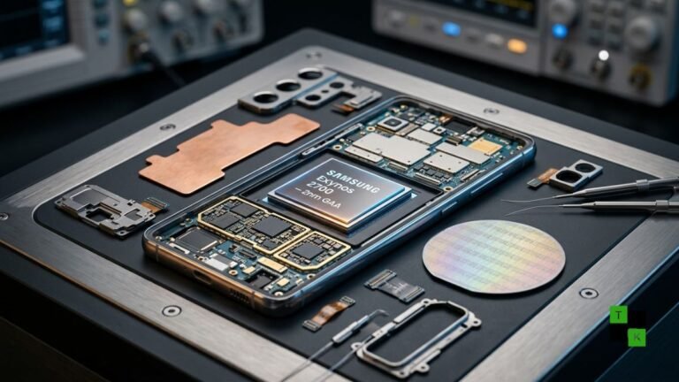 Samsung Galaxy S27 Ultra chassis next to a glowing 2nm Samsung Exynos 2700 processor die on an engineering test bench.