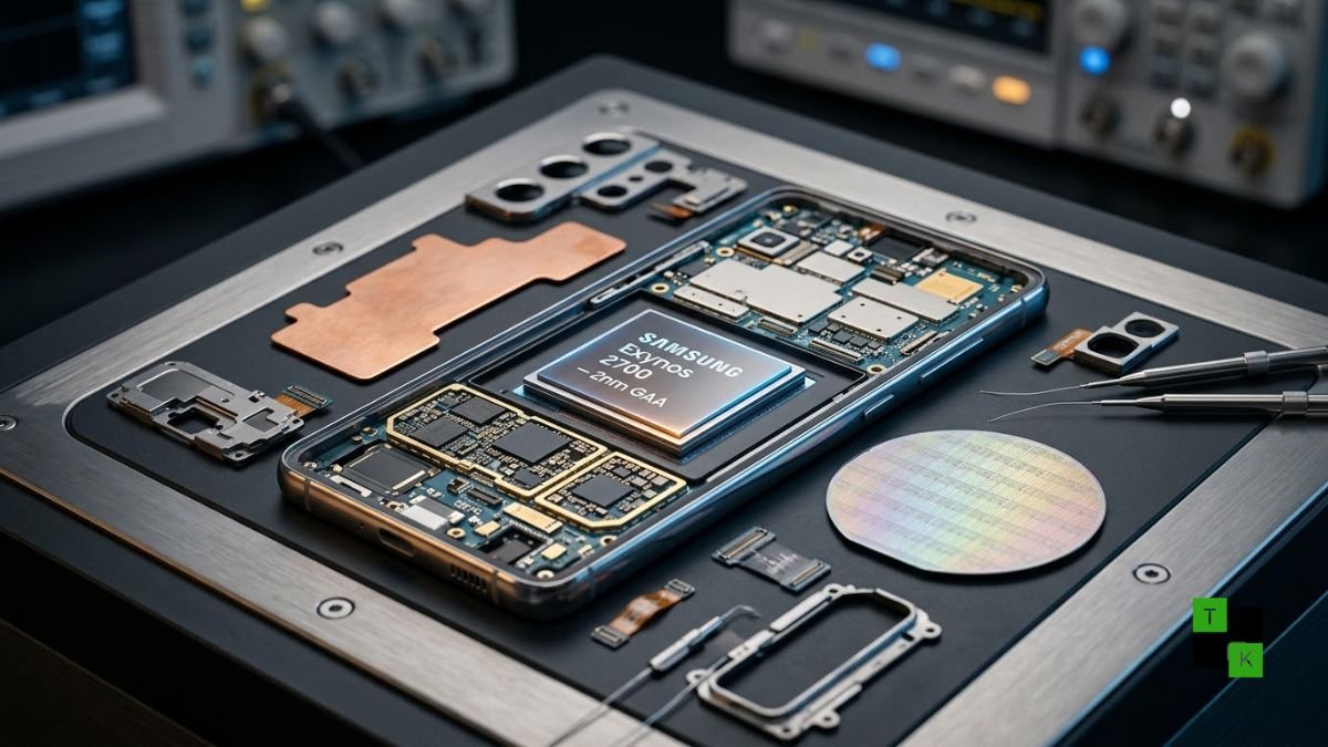 Samsung Galaxy S27 Ultra chassis next to a glowing 2nm Samsung Exynos 2700 processor die on an engineering test bench.