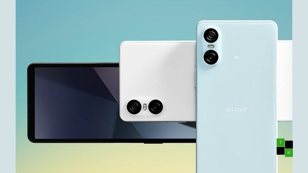 Sony Xperia 10 VI in light blue finish resting on a dark slate surface showing the Android settings screen.