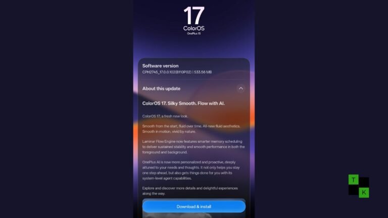 OnePlus 15 smartphone in Emerald Green finish showing the ColorOS 17 update completion screen with build number CPH2745_17.0.0.102.