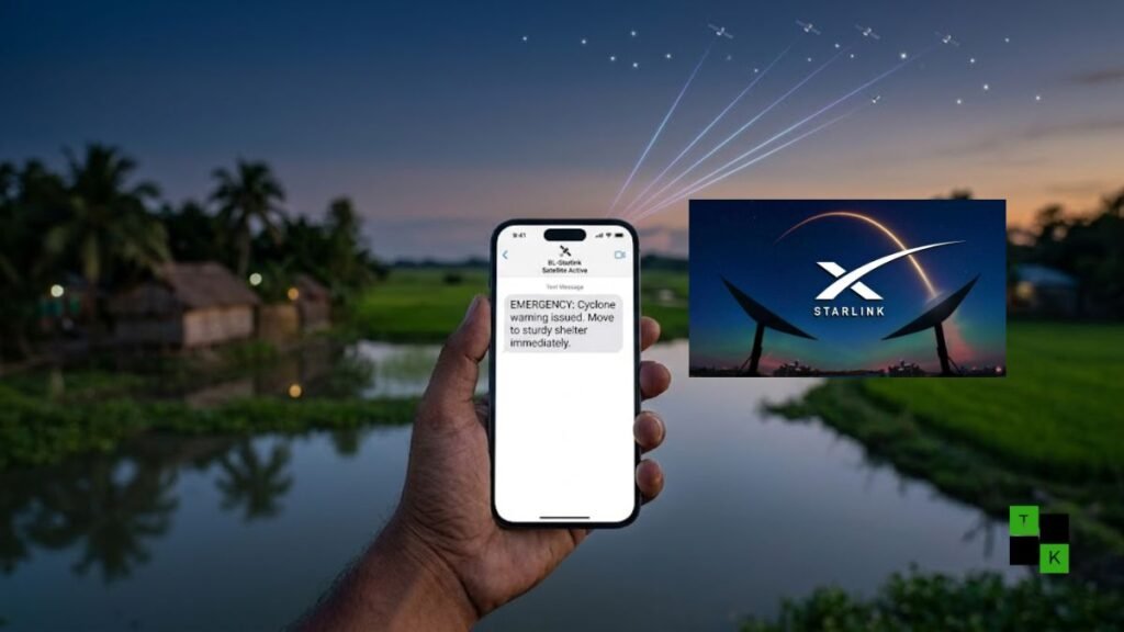 A modern 4G smartphone in Bangladesh connecting directly to an illuminated Starlink satellite in orbit, showing an active BL-Starlink signal badge and SMS app.