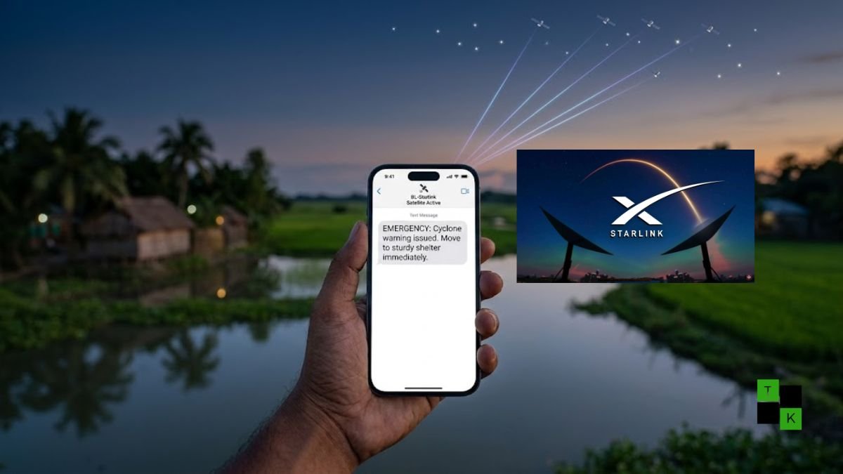 A modern 4G smartphone in Bangladesh connecting directly to an illuminated Starlink satellite in orbit, showing an active BL-Starlink signal badge and SMS app.