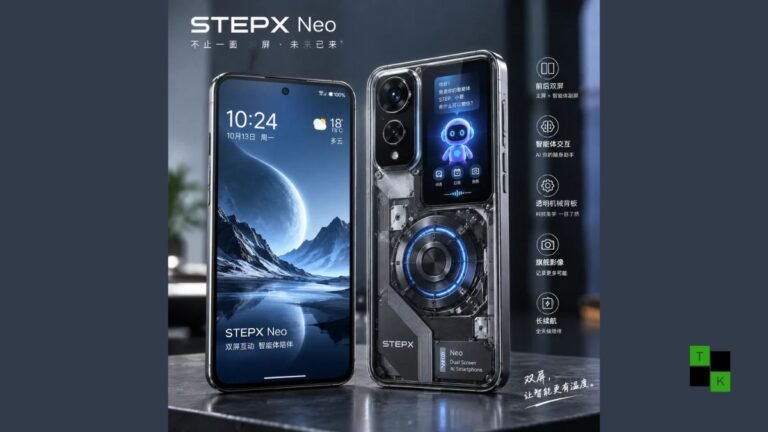 The StepFun STEPX Neo smartphone displayed in Carbon Black and Silicon Silver showing its front Step AOS agent interface and rear MiniLED dot-matrix display.