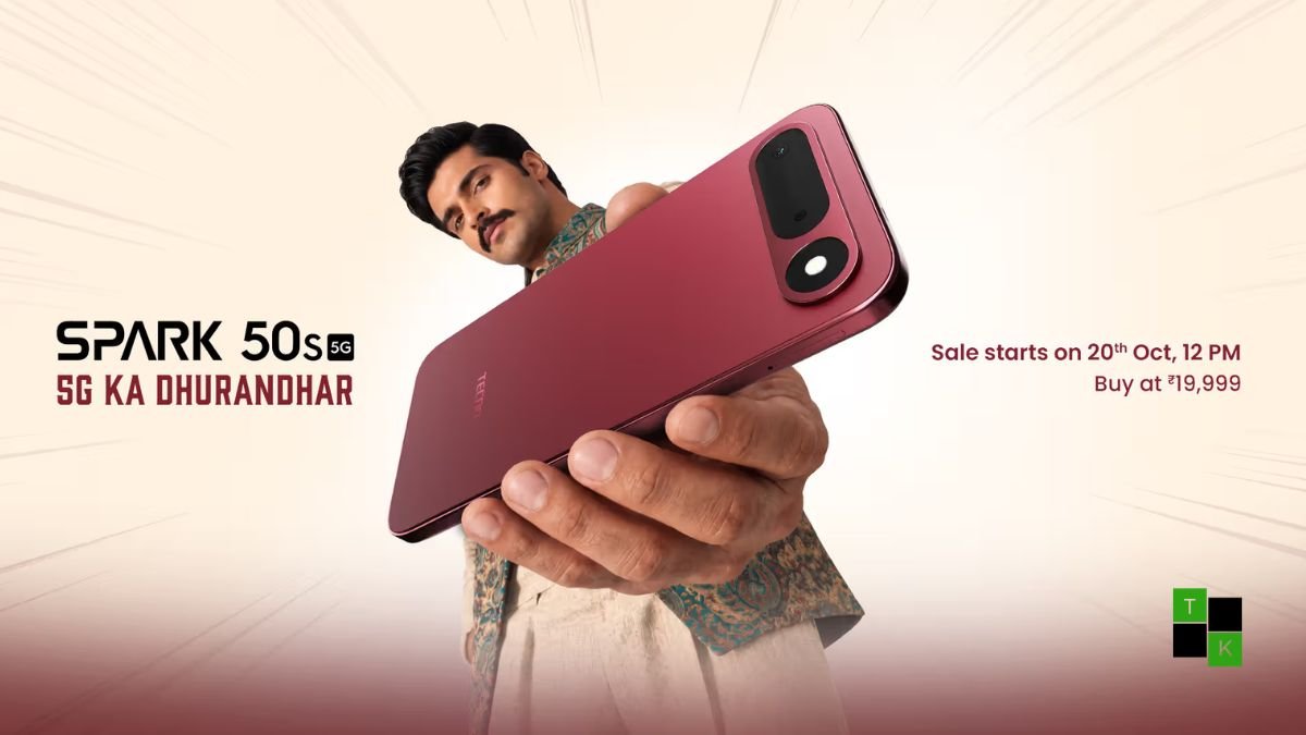 Tecno Spark 50s 5G smartphone in Burgundy Red and Breeze Blue resting on a studio plinth showing its rear 50MP camera and flat display.
