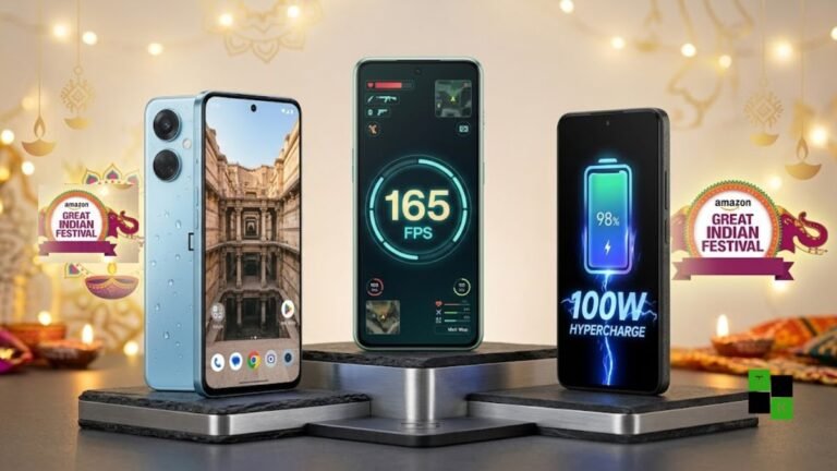 Three premium smartphones—OnePlus Nord 6, OnePlus Nord CE6, and REDMI Turbo 5—displayed together on a reflective studio plinth against an Amazon festive backdrop.