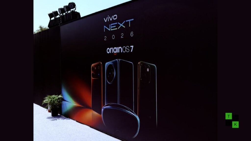 The Vivo X Fold 6 in Nebula Teal, Vivo V80, and Vivo S2 FE displayed together on an illuminated keynote stage next to the Vivo Vision MR headset.