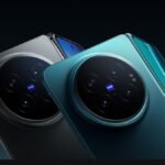 The Vivo X Fold 6 foldable smartphone in Horizon Blue displayed unfolded on a dark glass table showcasing its 8.02-inch AMOLED screen and Zeiss triple camera array.