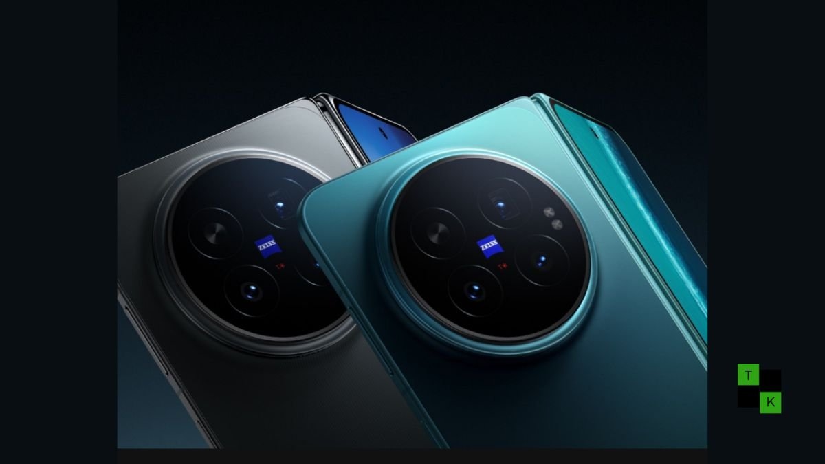 The Vivo X Fold 6 foldable smartphone in Horizon Blue displayed unfolded on a dark glass table showcasing its 8.02-inch AMOLED screen and Zeiss triple camera array.