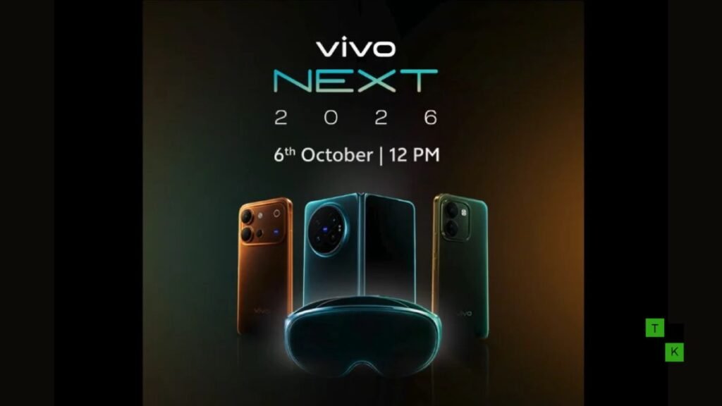 Vivo X Fold 6 foldable phone in Nebula Teal displayed alongside an official 'vivo NEXT 2026' October 6 launch graphic and MR headset silhouette.