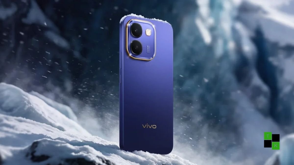 Vivo Y600 smartphone in White finish showcasing its 6.83-inch 120Hz AMOLED screen and large square camera module on a dark slate desk.