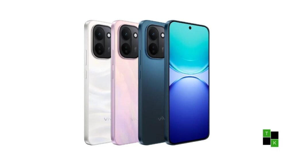 The Vivo Y600k Turbo smartphone in Electric Blue and Dune Gold displayed on a modern stand showing its 1.5K AMOLED display and rear 50MP camera module.