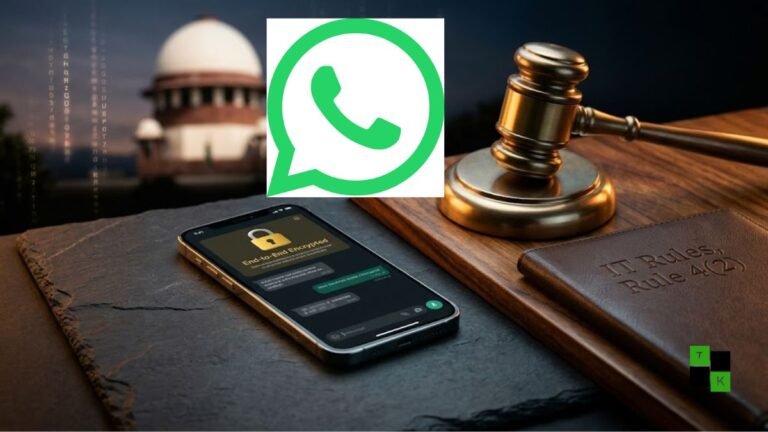 A modern smartphone displaying the WhatsApp chat screen with an end-to-end encryption notification beside a legal gavel and documents representing the IT Rules 2021.