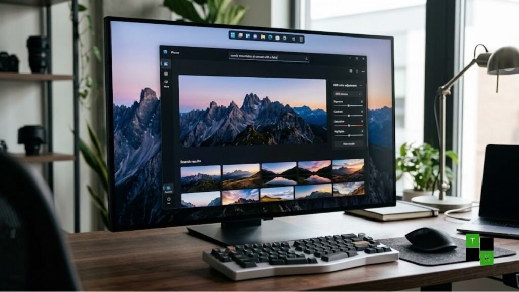 A modern desktop setup displaying Windows 11 with the redesigned Photos app, natural language search bar, and a movable taskbar.
