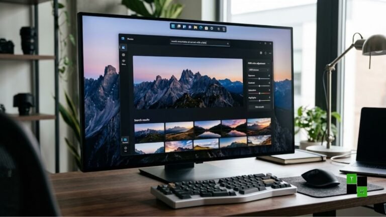 A modern desktop setup displaying Windows 11 with the redesigned Photos app, natural language search bar, and a movable taskbar.