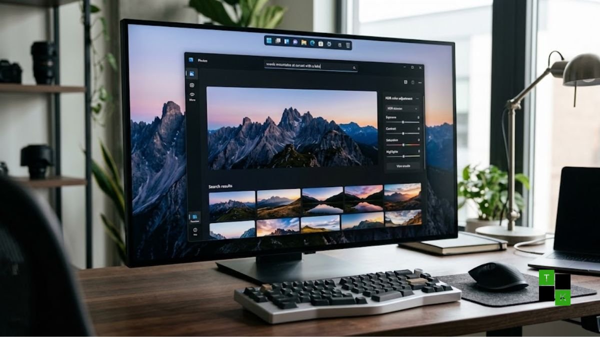 A modern desktop setup displaying Windows 11 with the redesigned Photos app, natural language search bar, and a movable taskbar.
