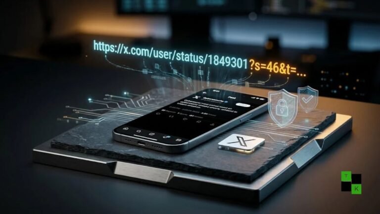 Conceptual illustration showing a smartphone screen copying a link from 𝕏 with highlighted tracking parameters peeling off into binary data code.