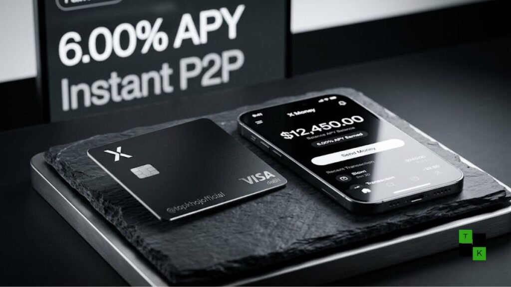 Smartphone running the X Money digital banking app interface displaying account balance and 6% APY beside a physical black metal X Visa card.