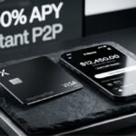 Smartphone running the X Money digital banking app interface displaying account balance and 6% APY beside a physical black metal X Visa card.