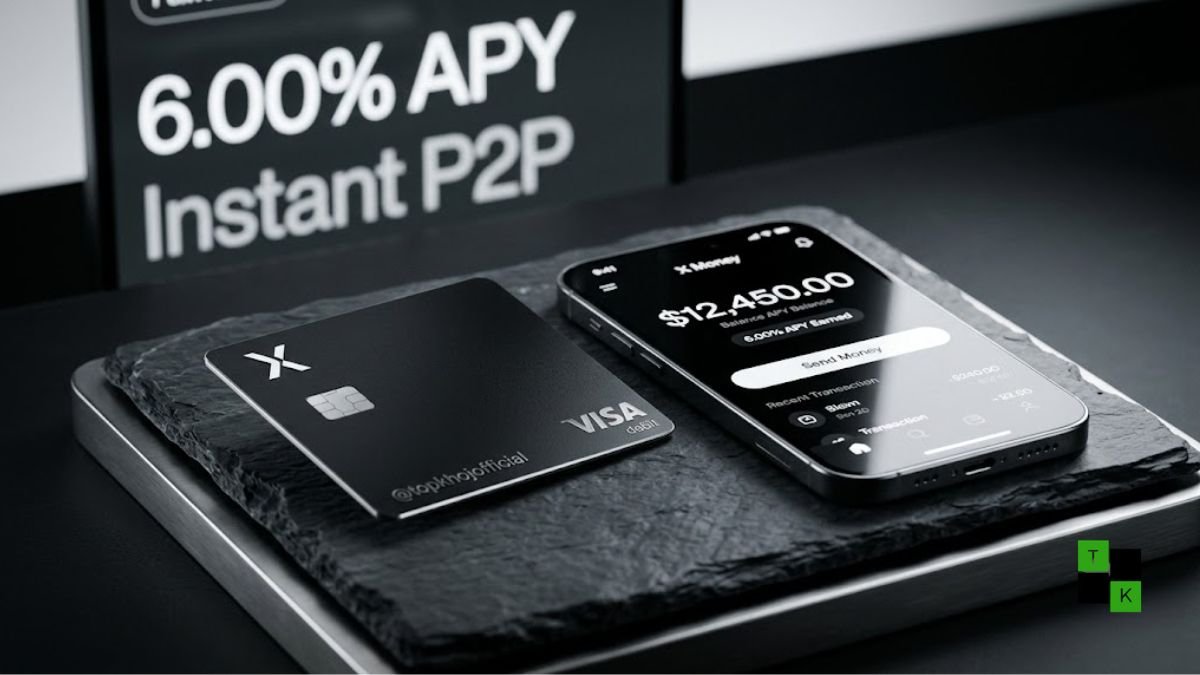 Smartphone running the X Money digital banking app interface displaying account balance and 6% APY beside a physical black metal X Visa card.