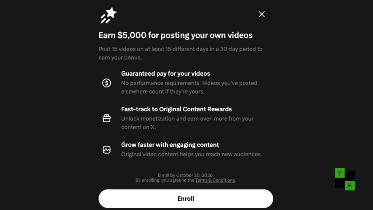 An iPhone displaying the X Creator Studio dashboard with monetization settings and the Video Kickstart Bonus program banner.