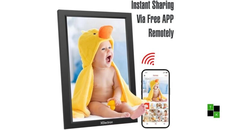 XElectron 15.6-inch Large Digital Photo Frame with wooden bezels displaying a family vacation photo on a wooden table.