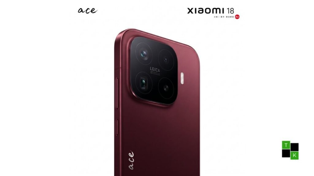 Xiaomi 18 compact smartphone in Purple and Red finishes resting on a slate plinth showing its flat 6.4-inch TCL M11 screen and Small Square Deco module.