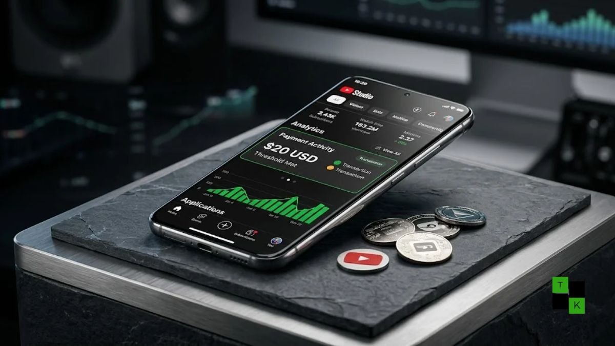 YouTube Studio mobile interface on a smartphone screen showing a completed $20 earnings payout notification on a desk.