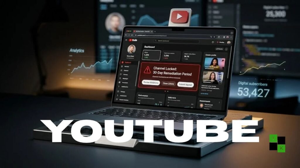 A modern studio laptop displaying the YouTube Studio dashboard showing a 30-day locked channel status banner and video remediation controls.